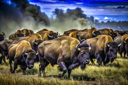 Wild Bison Herd Running Through Dusty Plainsの素材