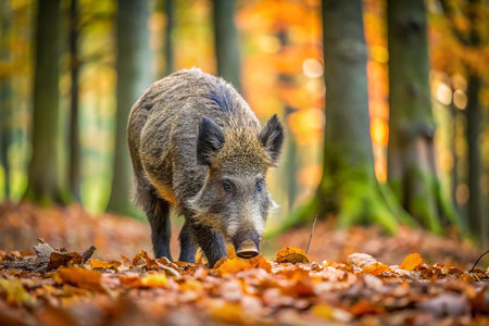 Wild boar foraging in autumn forestの素材
