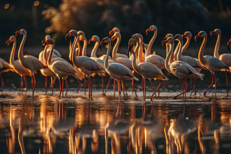 Flamingos walking in a wetland at sunriseの素材