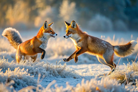 Frosty morning, playful foxes in fieldの素材