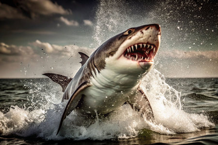 Great white shark leaps ocean, dramatic sky backgroundの素材