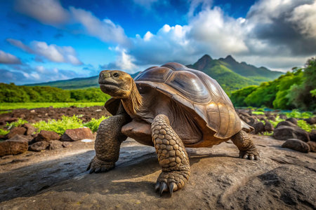 Galapagos Tortoise Strolls on Volcanic Islandの素材