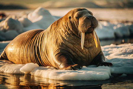 Arctic Walrus resting on ice floes at sunsetの素材