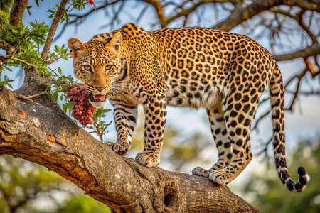 Leopard on branch, eating berries, African savanna, sunriseの素材