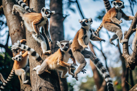 Madagascar lemur family leaping in forest treesの素材