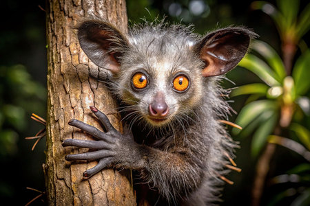 Baby aye-aye clinging to tree, jungle backgroundの素材