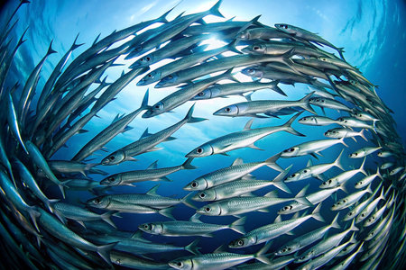 School of fish, underwater, circular formation, sunlit oceanの素材