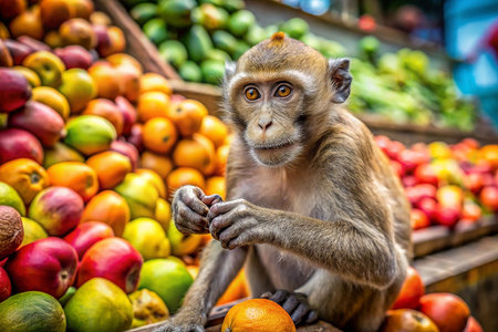 Monkey at fruit market, searching for foodの素材