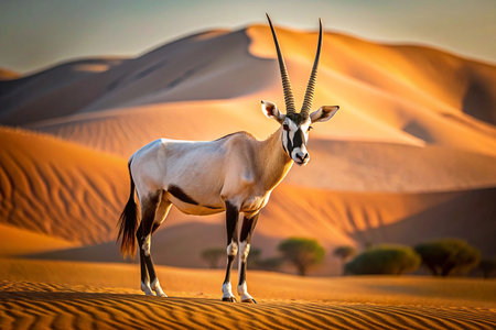 Oryx Gazelle in Desert Dunes at Sunriseの素材