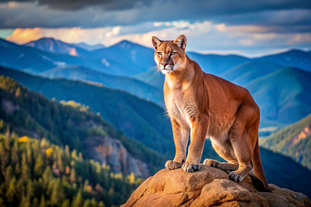 Mountain Lion on Rocky Peak at Sunsetの素材