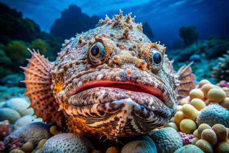 Underwater close-up of a colorful scorpionfish resting on coral reefの素材
