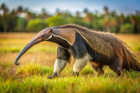 Giant anteater walking in grassy savanna, tropical backgroundの素材
