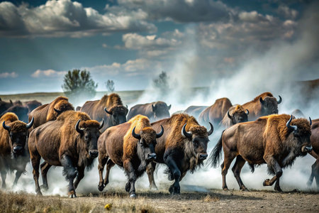 Wild bison herd stampede in prairie dust cloudの素材