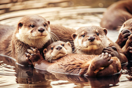 Playful otters in water, zoo enclosureの素材
