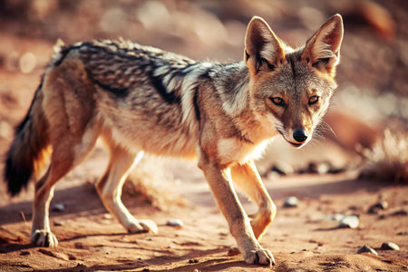 African Wild Dog Walking in Desert Landscapeの素材