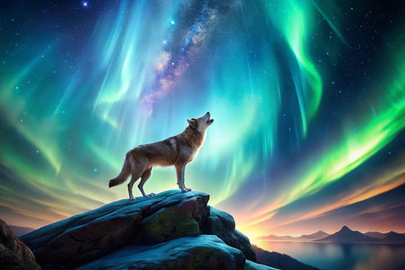 Wolf howls at aurora borealis over mountain lakeの素材