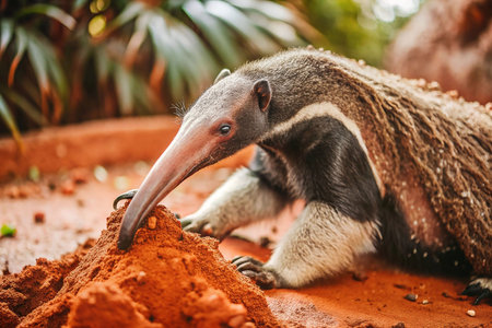 Anteater digging in red dirt enclosure, lush backgroundの素材