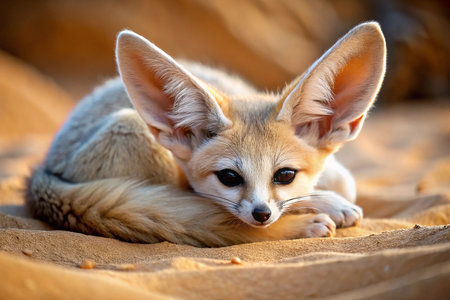 Desert Fox Cub Resting in Dunes at Sunriseの素材