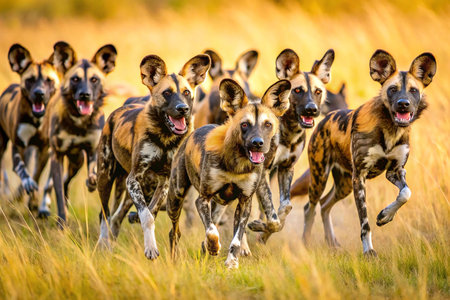 African wild dogs running in savanna at sunset (1)の素材