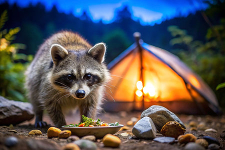 Raccoon eating at campsite at nightの素材