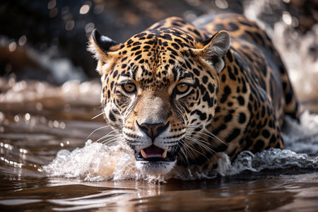 Jaguar wading in shallow river, wildlife encounterの素材
