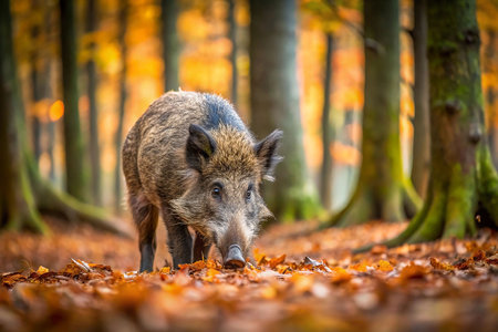 Wild boar foraging in autumn forestの素材
