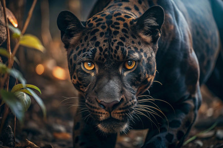 Panther stalking in jungle undergrowthの素材