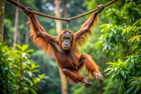 Orangutan swinging in jungle canopy (1)の素材