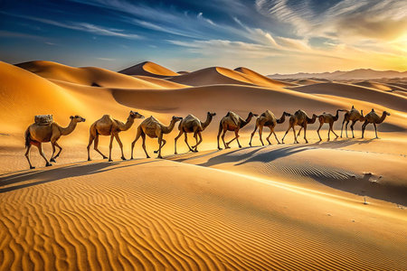 Desert camel caravan sunrise journeyの素材