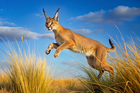 Caracal leaps through tall golden grass, vibrant sky backgroundの素材