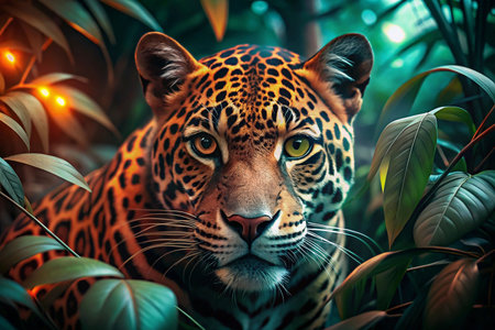 Majestic leopard in lush jungle under glowing lightsの素材