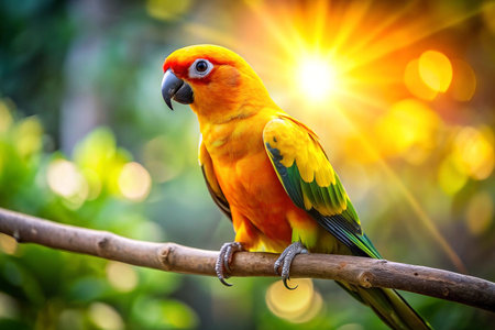 Colorful parrot perched on branch, sunny jungle backdropの素材
