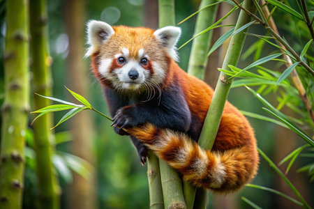 Red panda on bamboo tree in lush forestの素材