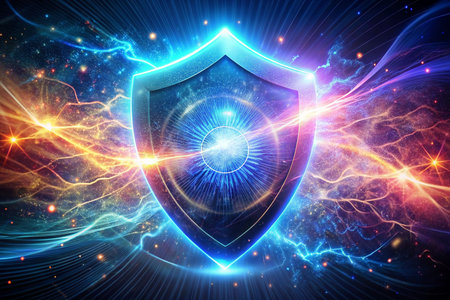Cybersecurity shield, radiant energy, digital waves, protectionの素材