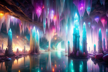 Magical cave interior, crystal formations, vibrant colors, reflecting waterの素材