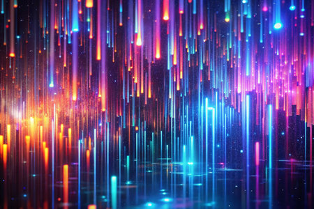 Colorful light streaks rain digital city backgroundの素材