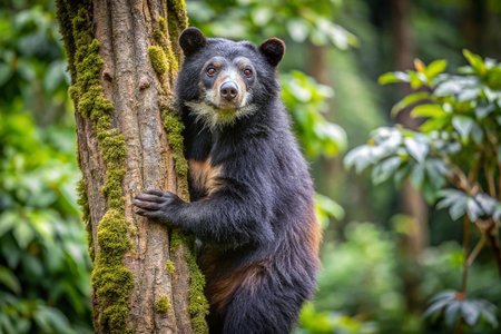Asian black bear climbs rainforest treeの素材