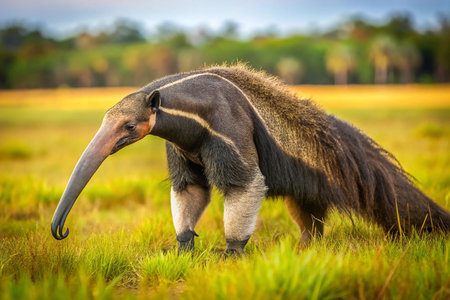 Giant anteater walking in savanna grassland at dawnの素材