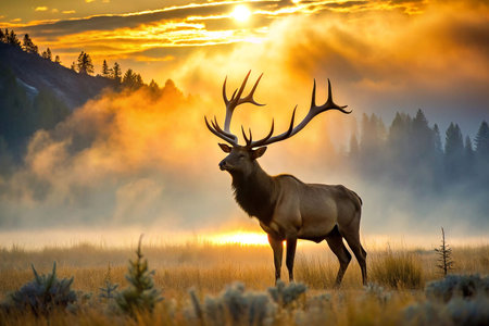 Elk at Sunrise in Yellowstone National Park Meadowの素材