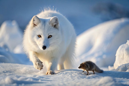 Arctic Fox stalking vole in snowy landscapeの素材