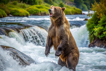 Alaskan brown bear stands in rapids, fishing for salmonの素材