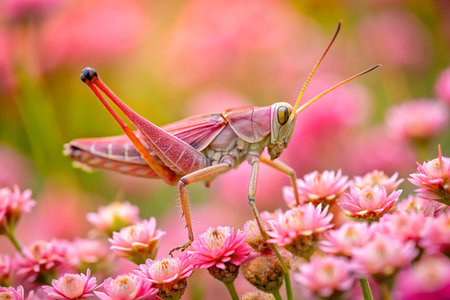 Pink grasshopper on pink flowers, garden settingの素材