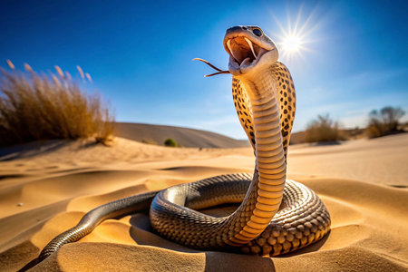 Cobra in desert sand, sun, attacking posture.  Possible use Nature, wildlife, animalの素材