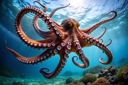 Majestic Octopus in Sunlit Underwater Reefの素材