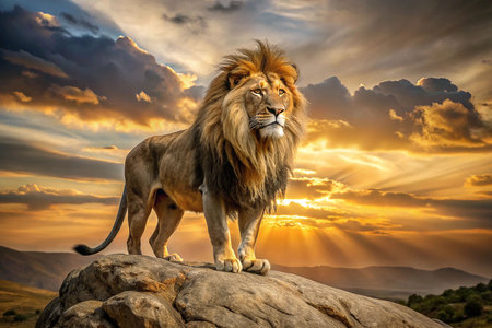Majestic lion atop rock at golden sunsetの素材