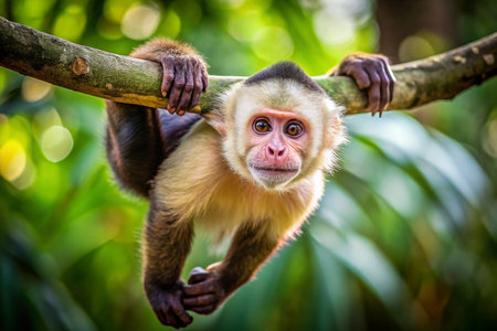 Capuchin monkey hangs from branch in lush jungleの素材