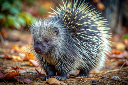 Forest Porcupine, Autumn Leaves Backgroundの素材
