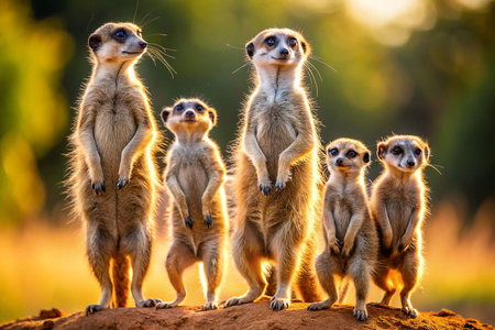 Meerkat Family Alert at Dawn in African Savannaの素材