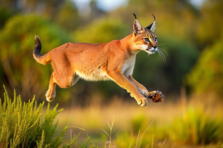Caracal leaping in savanna;  wildlife action shotの素材
