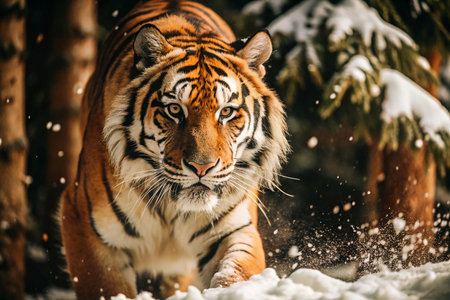 Majestic tiger in snowy forest, powerful stance, winter sceneの素材